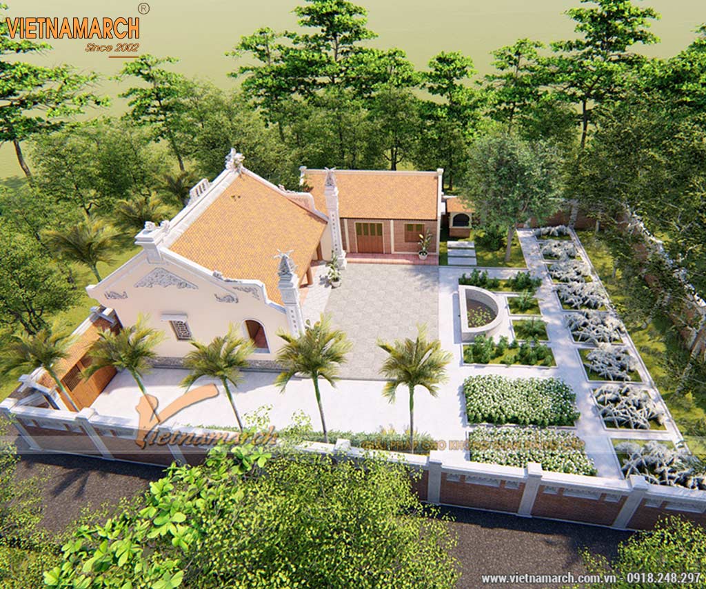 Bản vẽ thiết kế nhà thờ họ kết hợp nhà ngang tại Mê Linh Hà Nội > Mẫu nhà thờ họ kết hợp nhà ngang với sân vườn rộng rãi