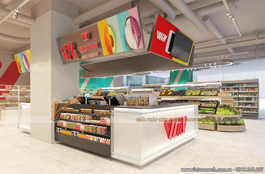 Phối cảnh 3D dự án thiết kế siêu thị mini 240m2 tại Thanh Xuân Complex > Quầy thu ngân siêu thị mini Winmart Thanh Xuân Complex