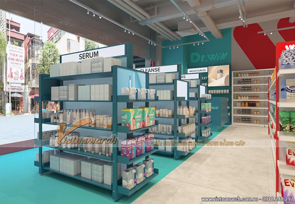 Phối cảnh 3D dự án thiết kế siêu thị mini 240m2 tại Thanh Xuân Complex > Khu vực bố trí gian hàng hóa mỹ phẩm