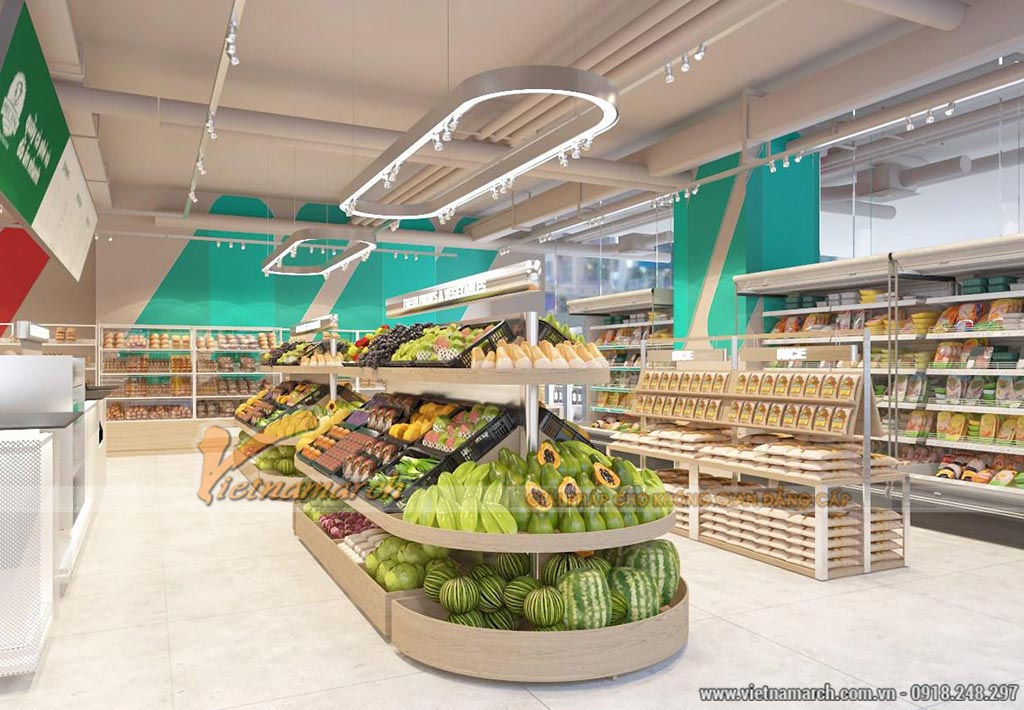 Phối cảnh 3D dự án thiết kế siêu thị mini 240m2 tại Thanh Xuân Complex > Quầy hàng được bố trí phân chia gọn gàng