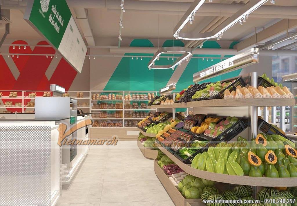 Phối cảnh 3D dự án thiết kế siêu thị mini 240m2 tại Thanh Xuân Complex > Không gian bài trí quầy hàng rau củ quả của siêu thị mini Winmart