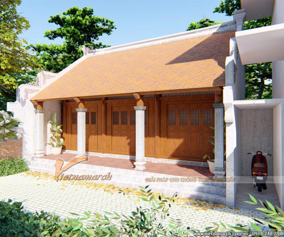Phối cảnh 3D thiết kế nhà thờ họ 3 gian có chỗ để xe máy tại Phú Xuyên