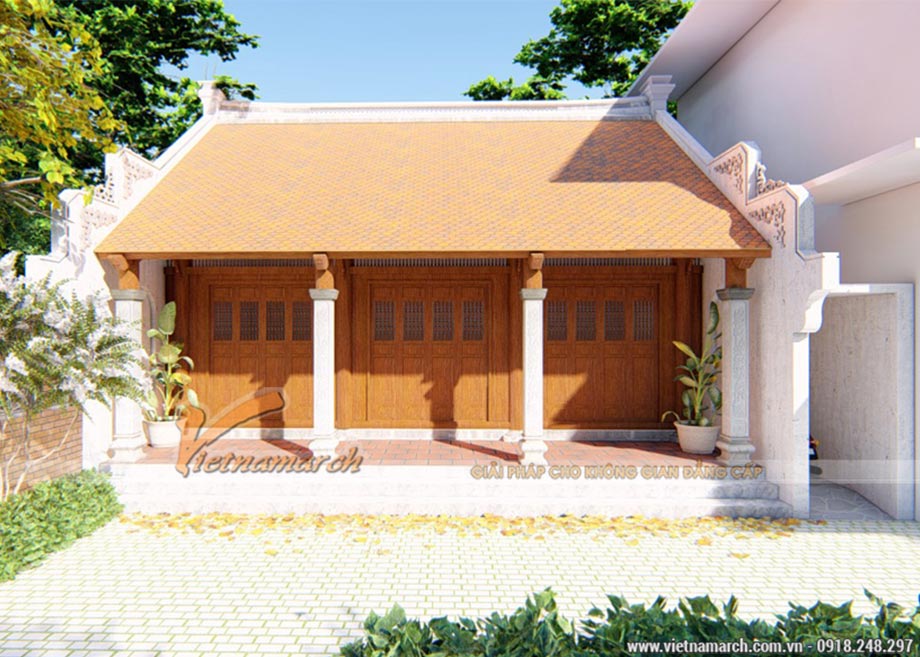 Phối cảnh 3D thiết kế nhà thờ họ 3 gian có chỗ để xe máy tại Phú Xuyên > Bản vẽ thiết kế nhà thờ họ 3 gian có chỗ để xe máy tại Phú Xuyên