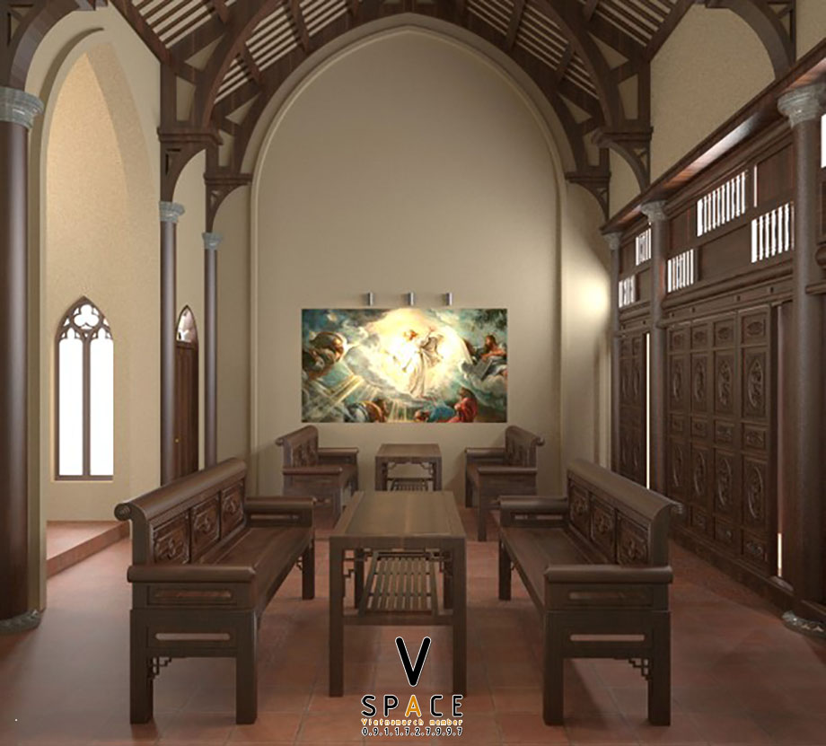 Mẫu thiết kế nhà thờ Công giáo 75m2 tại Nghĩa Hưng - Nam Định > Nhà thờ được thiết kế với tone màu cánh gián ấm cúng