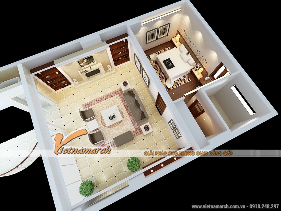 Thiết kế nội thất nhà phố nhà anh Phong – Hải Dương > View toàn cảnh từ trên cao xuống của tầng lửng - thiet ke noi that nha pho