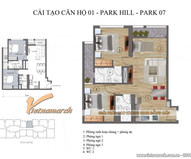 2 phương án tối ưu cho thiết kế nội thất chung cư Park Hill Times City căn hộ Park 7-01 (P7-08, P7-09, P7-16)