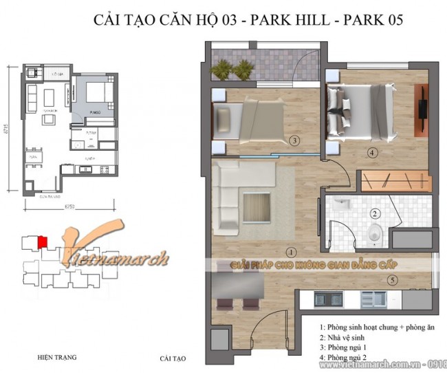 Thiết kế nội thất chung cư Park Hill căn hộ 2 phòng ngủ P5-03 nhà anh Hòa