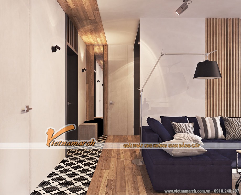 Mẫu thiết kế nội thất đẹp mộc mạc trong căn hộ 82m2 chung cư Times City > Sàn gỗ tự nhiên mang lại sự mộc mạc và gần gũi cho căn hộ