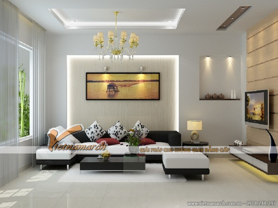 5 mẫu thiết kế nội thất đẹp cho những phòng khách rộng > Thiết kế nội thất phòng khách sử dụng tông màu trắng mang đến không gian rộng, thoáng
