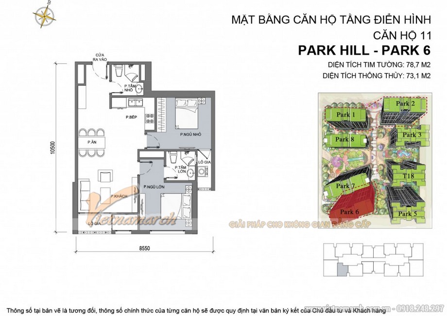 Tư vấn thiết kế căn hộ tòa park 6 chung cư Park Hill – Times City > Căn hộ Park 6 - 11 - Diện tích tim tường 78,7m2 - Diện tích thông thủy 73,1m2