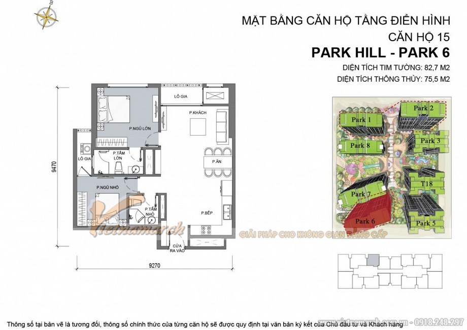 Tư vấn thiết kế căn hộ tòa park 6 chung cư Park Hill – Times City > Căn hộ Park 6 - 15 - Diện tích tim tường 82,7m2 - Diện tích thông thủy 75,5m2