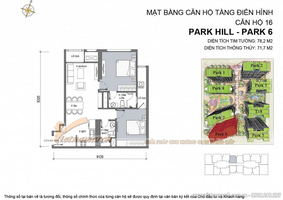 Tư vấn thiết kế căn hộ tòa park 6 chung cư Park Hill – Times City > Căn hộ Park 6 - 16 - Diện tích tim tường 78,2m2 - Diện tích thông thủy 71,7m2