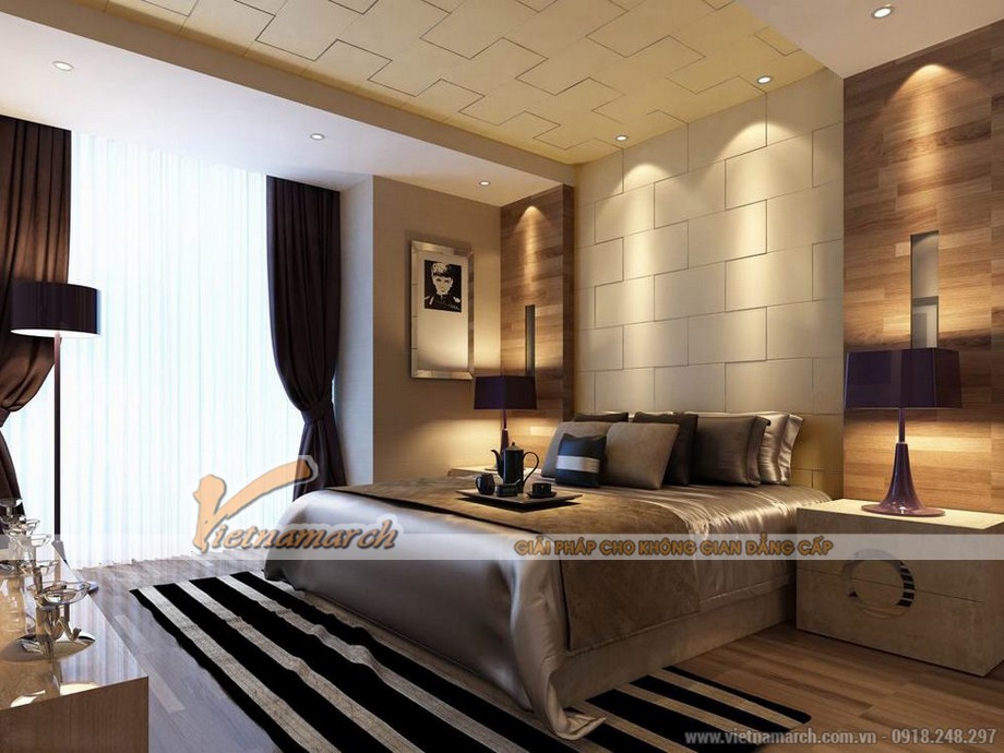 Phòng ngủ với thiết kế tinh tế với gam màu nâu chủ đạo