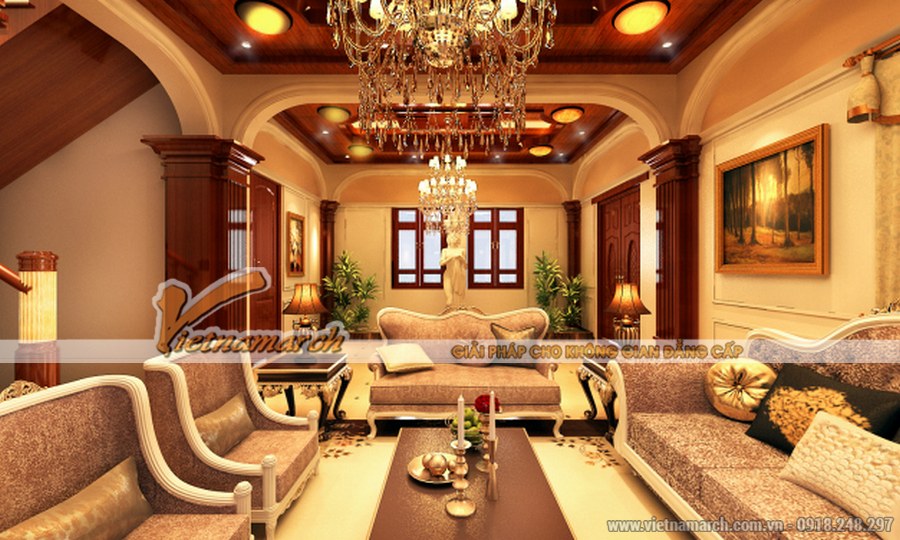 Phong cách tân cổ điển trong thiết kế nội thất phòng khách > Phong cách cổ điển châu Âu được thể hiện rõ nét trong bộ sofa màu nâu trầm, được nhấn nhá thêm bởi những chiếc gối màu sắc, bộ ấm chén hay những chiếc đèn