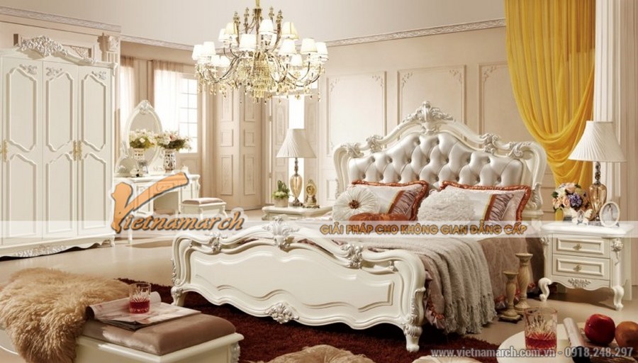 Thiết kế nội thất phòng ngủ theo phong cách cổ điển, sang trọng > Nội thất phòng ngủ sử dụng gam màu trắng mang đến không gian nhẹ nhàng, thanh bình