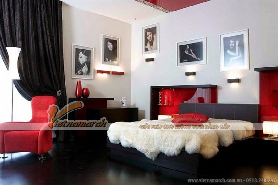 Thiết kế nội thất phòng ngủ nổi bật với những gam màu tương phản > Thiết kế nội thất phòng ngủ với sắc đỏ ngọt ngào, lãng mạn