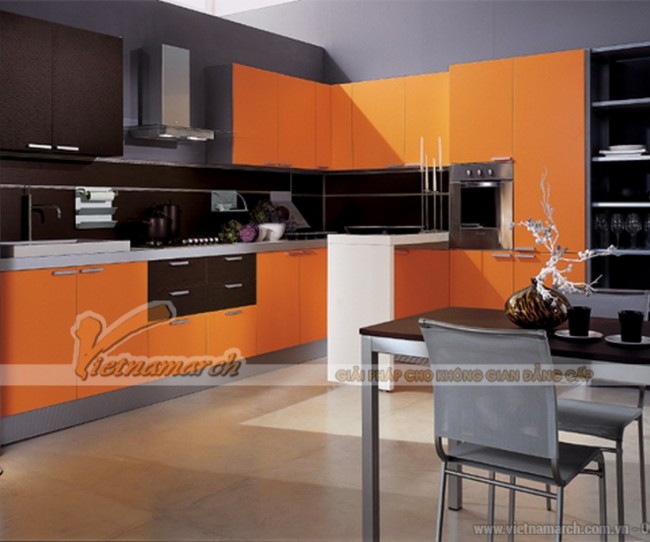 Tủ bếp cao cấp màu cam trẻ trung cá tính cho nhà chung cư, nhà phố hiện đại