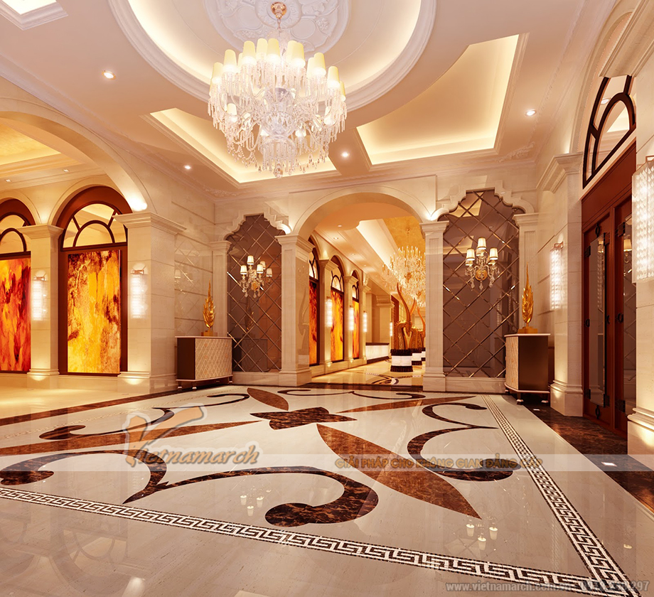 Thiết kế sảnh khách sạn đẹp sang trọng với trần thạch cao cổ điển > Mẫu trần thạch cao cổ điển tại sảnh khách sạn đẹp sang trọng 11