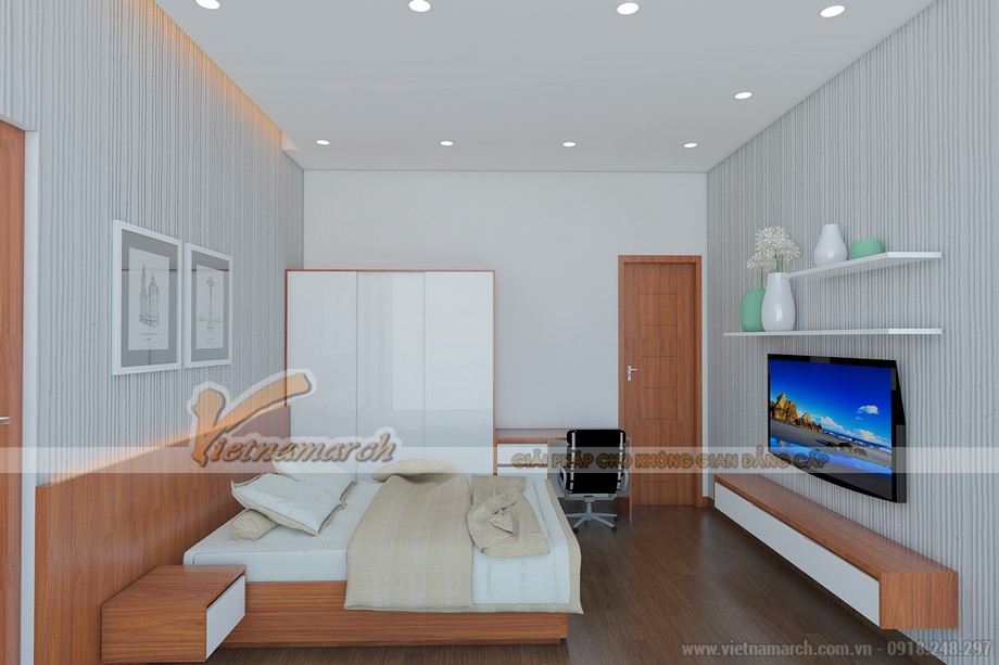 Thiết kế kiến trúc và nội thất biệt thự cho nhà anh Hùng ở Bắc Ninh > Thiết kế phòng ngủ với tông màu sắc nhẹ nhàng trong căn biệt thự Bắc Ninh