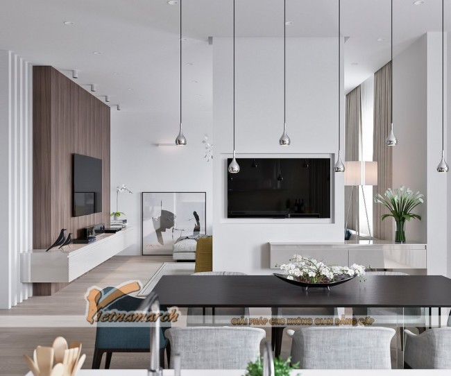 Thiết kế mẫu trần thạch cao phòng khách và phòng bếp cho căn hộ chung cư D’.Le Roi Soleil Quảng An nhà anh Quỳnh