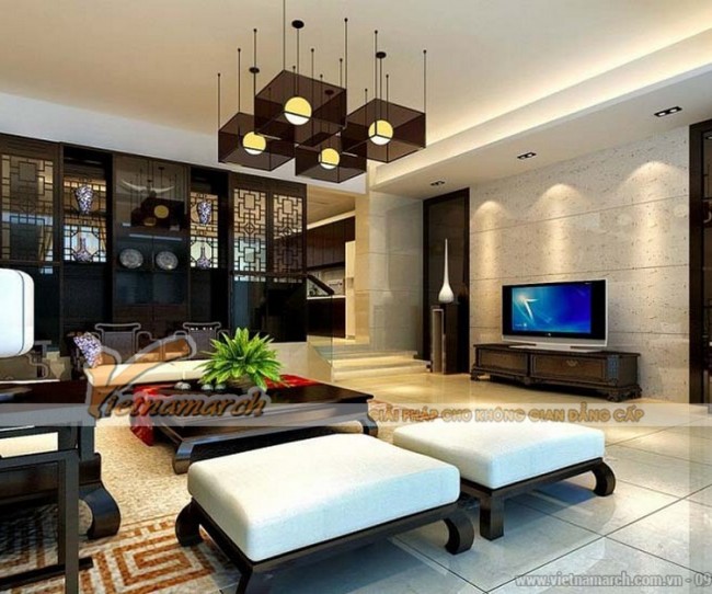 Thiết kế trần thạch cao tân cổ điển cho không gian phòng khách tại chung cư D’.Le Roi Soleil Quảng An