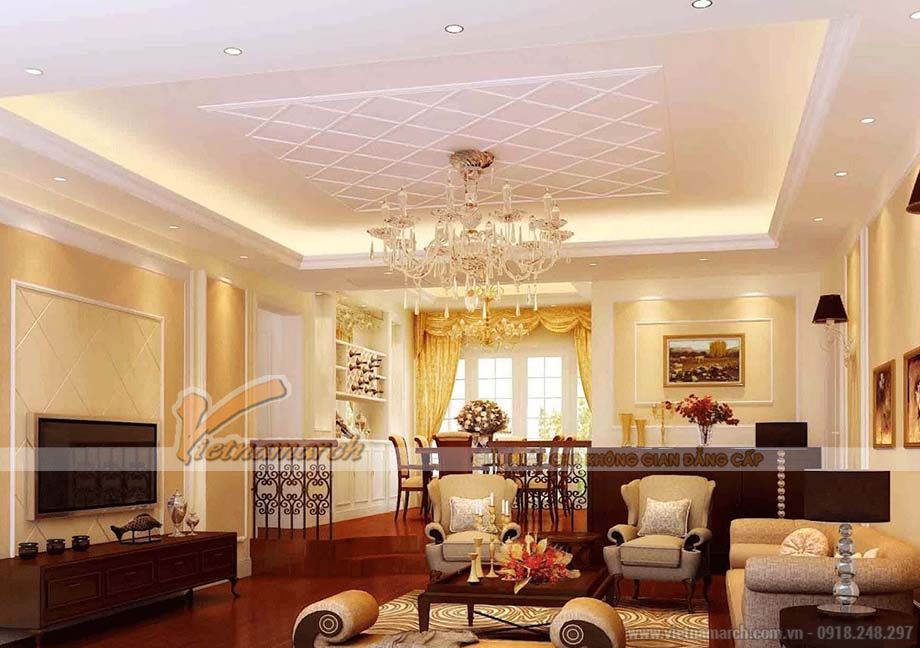 Thiết kế mẫu trần thạch cao phòng khách và phòng ngủ cho căn hộ chung cư D’.Le Roi Soleil Quảng An nhà anh Pháp > Phòng khách anh Pháp sang trọng hơn với trần thạch cao cổ điển