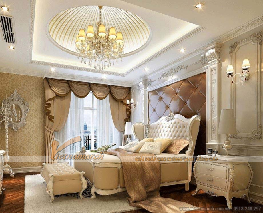 Thiết kế mẫu trần thạch cao phòng khách và phòng ngủ cho căn hộ chung cư D’.Le Roi Soleil Quảng An nhà anh Pháp > Tone trần thạch cao cổ điển màu trắng càng làm nổi bật lên vẻ đẹp của thiết kế nội thất