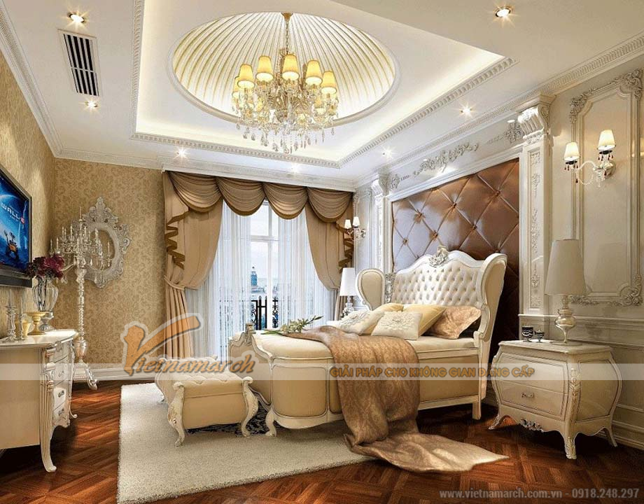Thiết kế mẫu trần thạch cao phòng khách và phòng ngủ cho căn hộ chung cư D’.Le Roi Soleil Quảng An nhà anh Pháp > Phòng ngủ quyến ruc với trần thạch cao cổ điển