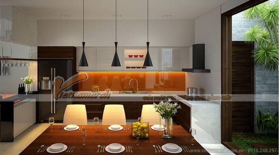 Thiết kế kiến trúc – nội thất nhà ống đẹp 3 tầng cho nhà anh Nam tại Bắc Ninh > Thiết kế nội thất nhà bếp đẹp hiện đại