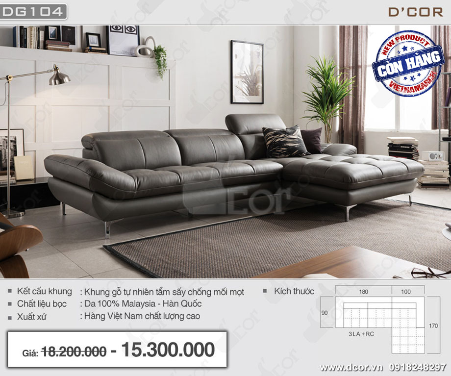 Mẫu ghế sofa da chữ L kiểu dáng Hàn Quốc sang trọng – Mã: DG104 > 