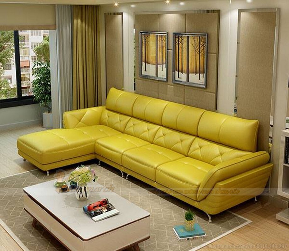 Mẫu ghế sofa da góc gam màu vàng tươi trẻ đầy sức sống – Mã: SDG-060 > Mẫu ghế sofa da góc gam màu vàng tươi trẻ