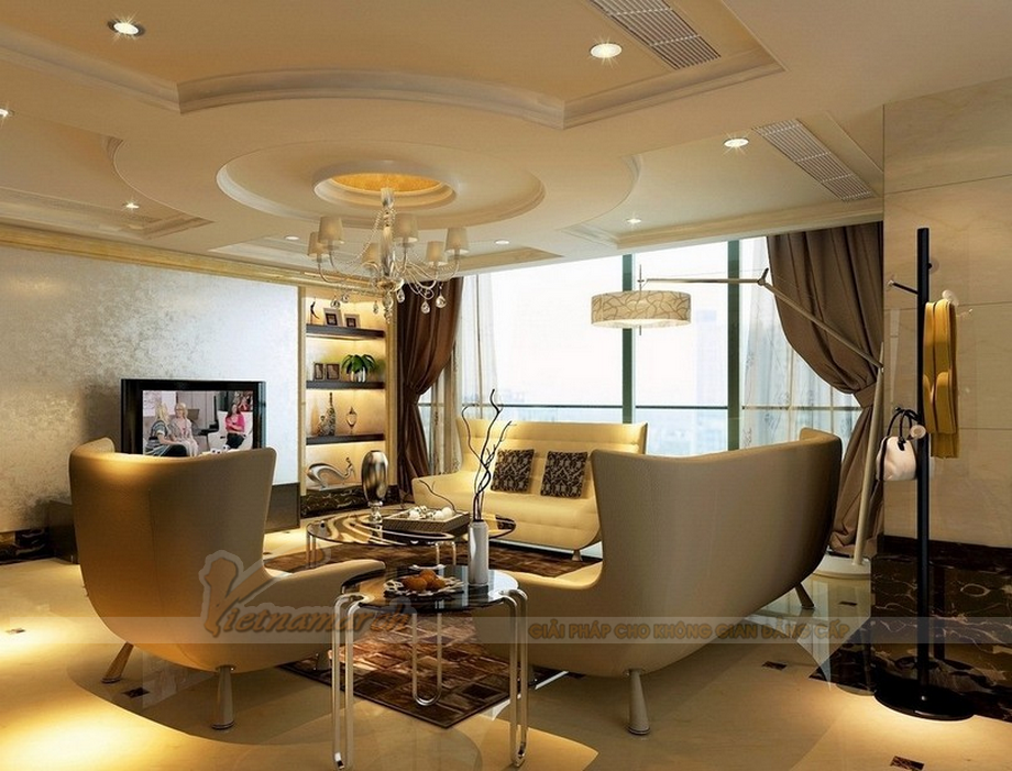 Phòng khách đẹp sang trọng với trần thạch cao giật cấp