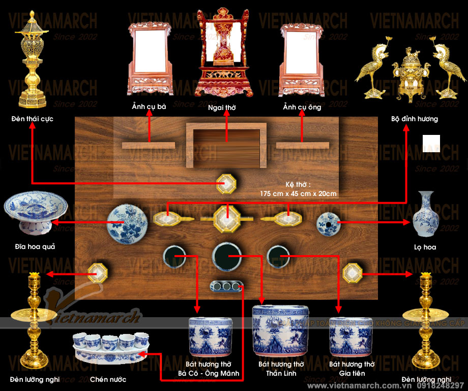 Các mẫu đèn dầu trên bàn thờ đẹp mang giá trị văn hóa Việt > Sơ đồ bố trí đồ thờ trên bàn thờ chuẩn phong thủy