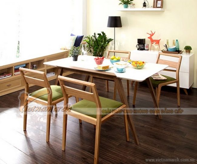 Không gian bếp tràn đầy sức sống với bộ bàn ăn gỗ cao cấp, tiện nghi
