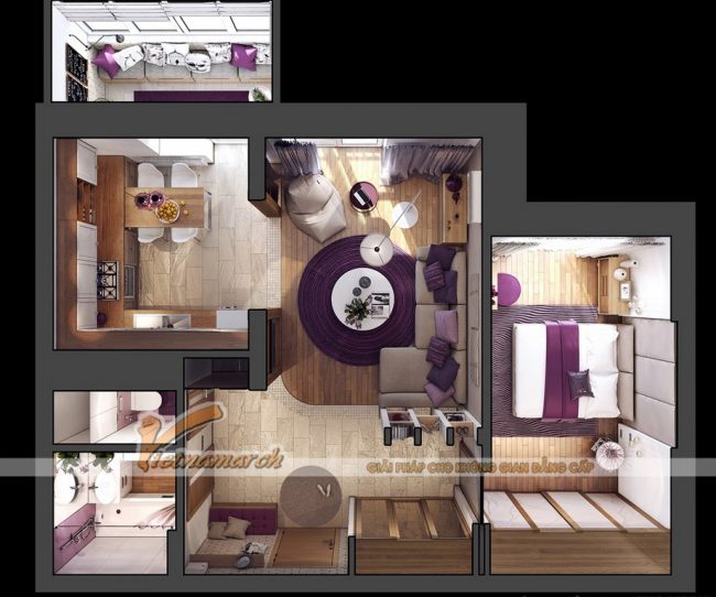 Thiết kế nội thất hiện đại với tông tím mộng mơ cho căn hộ D tòa Ruby 3 Goldmark City