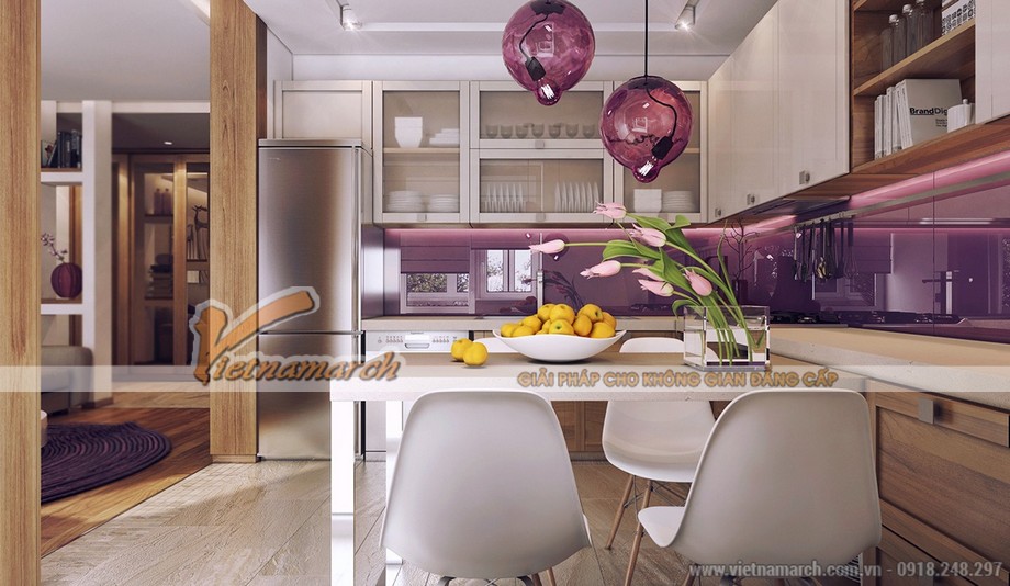 Thiết kế nội thất hiện đại với tông tím mộng mơ cho căn hộ D tòa Ruby 3 Goldmark City > Nội thất phòng bếp hiện đại