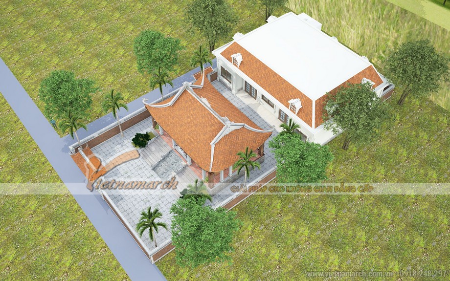 Bản vẽ 3D thiết kế nhà thờ họ 4 mái bê tông giả gỗ kèm nhà ngang để ở