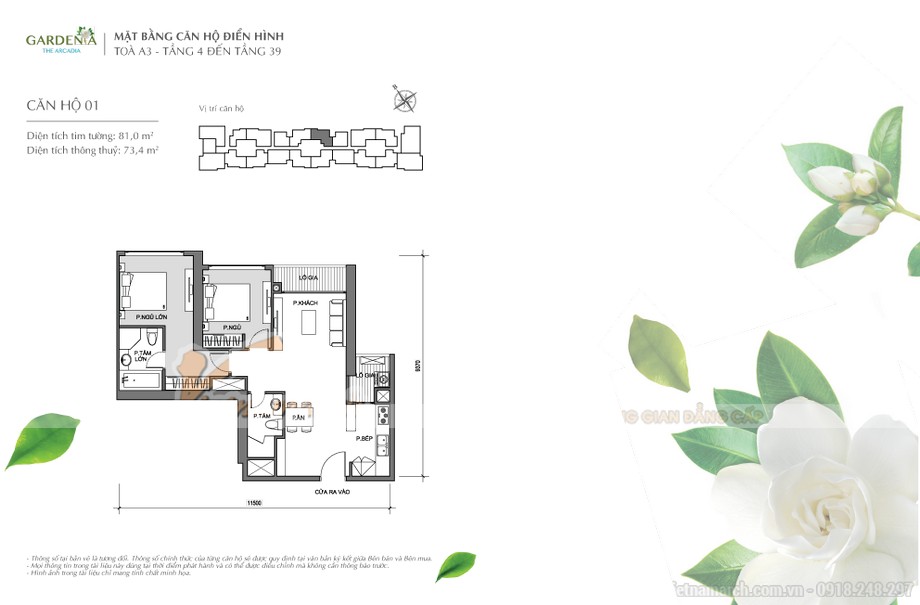 Tổng quan mặt bằng thiết kế các căn hộ tòa A3 chung cư Vinhomes Gardenia > Căn hộ số 01 diện tích 81,0m2