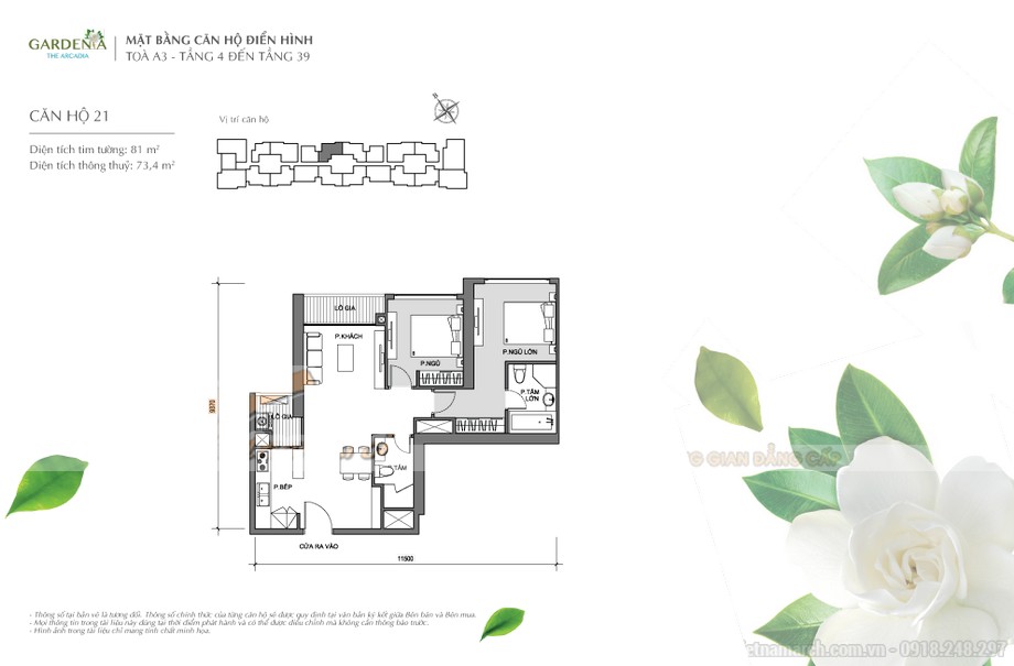 Tổng quan mặt bằng thiết kế các căn hộ tòa A3 chung cư Vinhomes Gardenia > Căn hộ số 21 diện tích 81m2