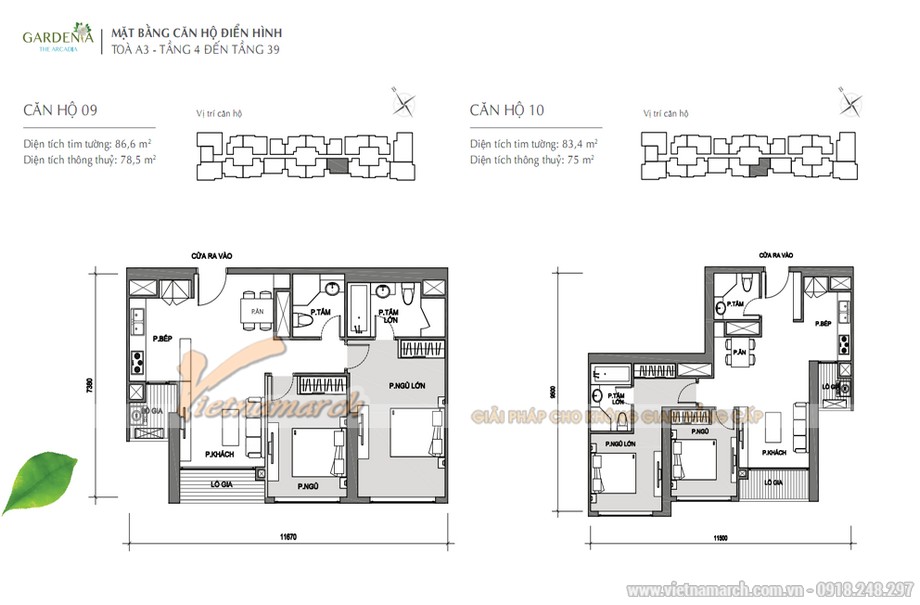 Tổng quan mặt bằng thiết kế các căn hộ tòa A3 chung cư Vinhomes Gardenia > Căn hộ số 09 diện tích 86,6m2