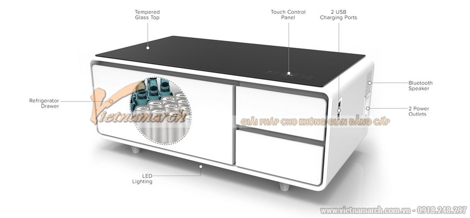 Mẫu bàn trà công nghệ cao kết hợp ngăn tủ làm lạnh độc đáo và hiện đại. > 