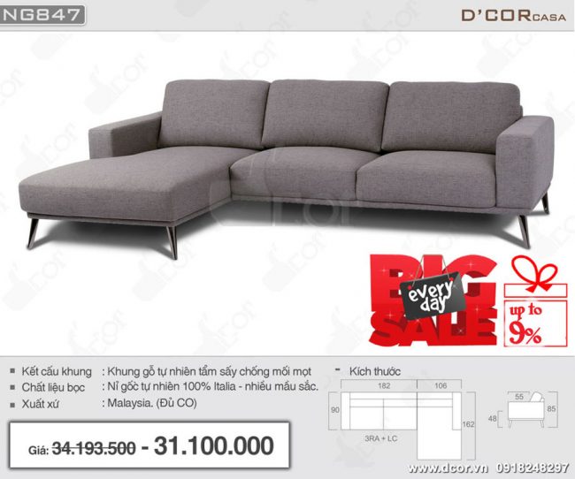 Mẫu sofa Malaysia góc nỉ đẹp trang nhã- NG847