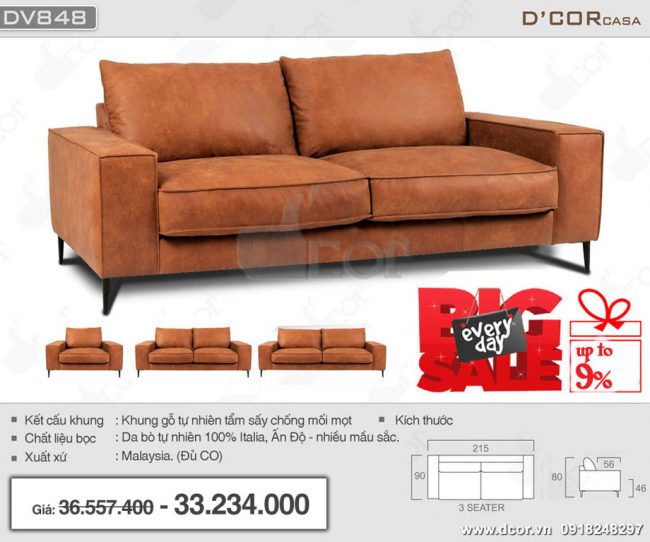 Ghế sofa văng da bò thật 100% nhập khẩu Malaysia DV848 làm sáng bừng phòng khách