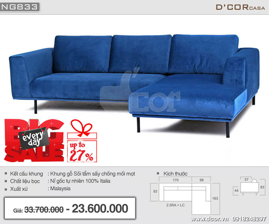 Mẫu sofa nỉ đẹp hiện đại nhập khẩu Malaysia NG833