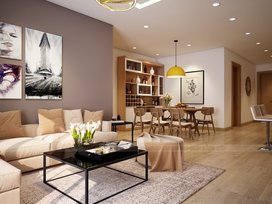 Thiết kế nội thất cho căn hộ 1 phòng ngủ tại CC The Manor Central Park Nguyễn Xiển > Phòng khách hiện đại và sang trọng