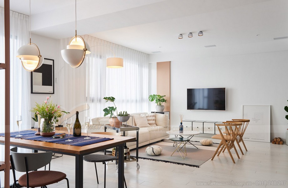 Ý tưởng thiết kế nội thất Scandinavian cho căn hộ 88m2 chung cư Thống Nhất Complex Nguyễn Tuân > View nhìn từ khu vực bàn ăn ra phòng khách