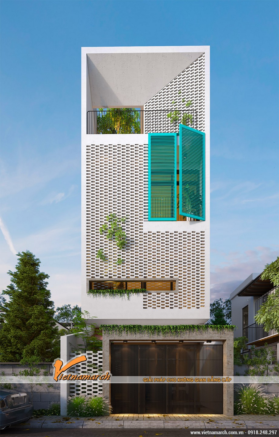 5 mẫu nhà phố 3 tầng hiện đại được thiết kế lỗ thông gió và đón ánh nắng vô cùng độc đáo > Mẫu 1: thiết kế thoáng mở với tường “tổ ong”