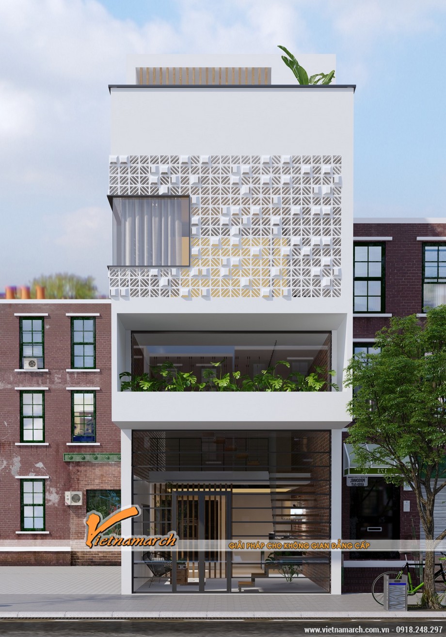 5 mẫu nhà phố 3 tầng hiện đại được thiết kế lỗ thông gió và đón ánh nắng vô cùng độc đáo > Mẫu 3: Sự kết hợp của tường kính và tường hoa gió