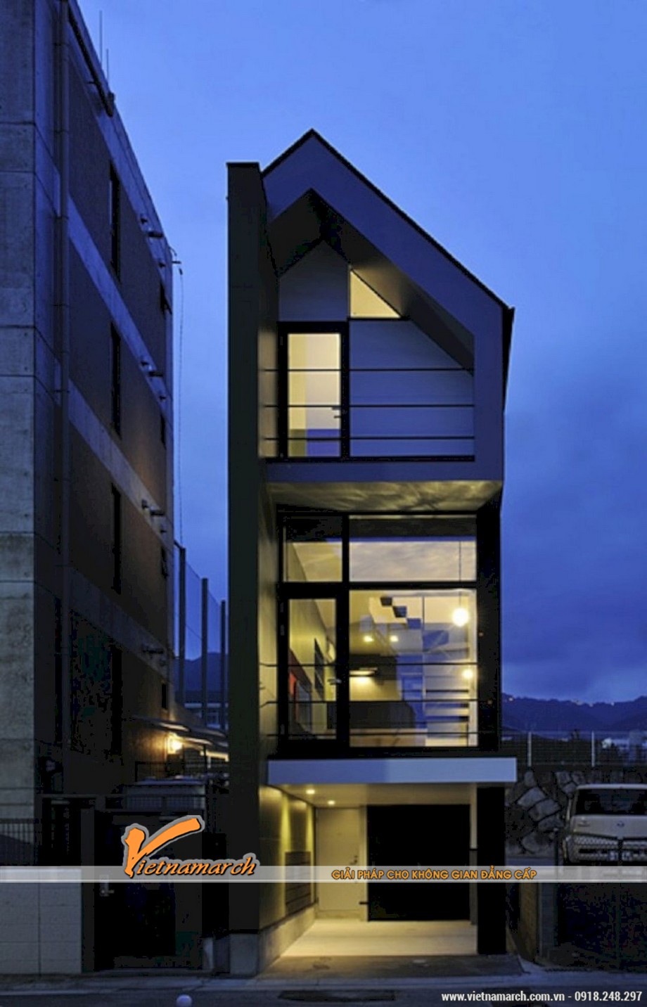 6 mẫu thiết kế nhà phố mái lệch độc đáo không thể bỏ qua > Mẫu 5: Thiết kế hình khối đơn giản mang phong cách mạnh mẽ