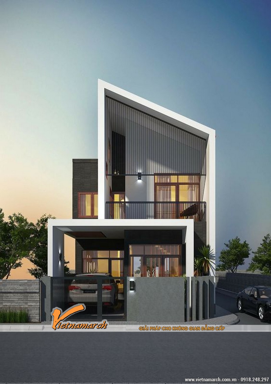 6 mẫu thiết kế nhà phố mái lệch độc đáo không thể bỏ qua > Mẫu 6: Kết hợp mái lệch và song sắt tối màu làm nổi bật hình dáng cả căn nhà